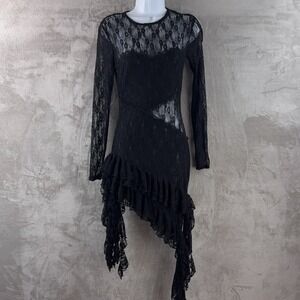 Miss Circle Lace Mini Dress Womens Size XS Black Sheer Long Sleeve Ruffle Beauty